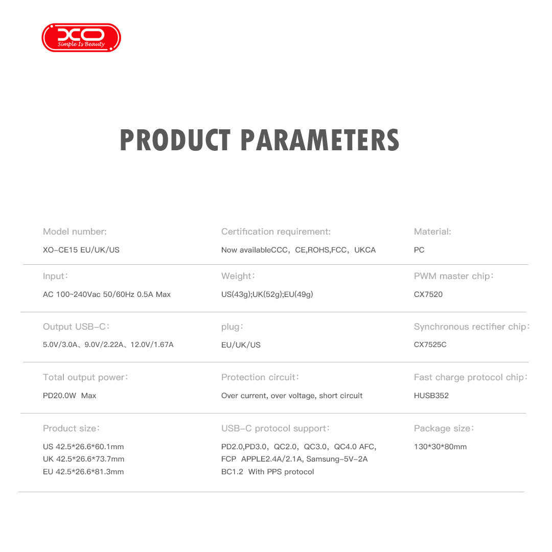 XO 20W USB C Ladegerät  - Power Adapters