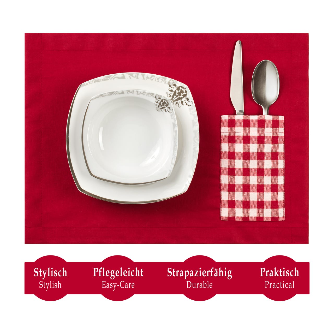 Miss Savon Platzset und Tischläufer - 6er Tischset und Tischläufer Set, Elegante Pflegeleichte (Rot)