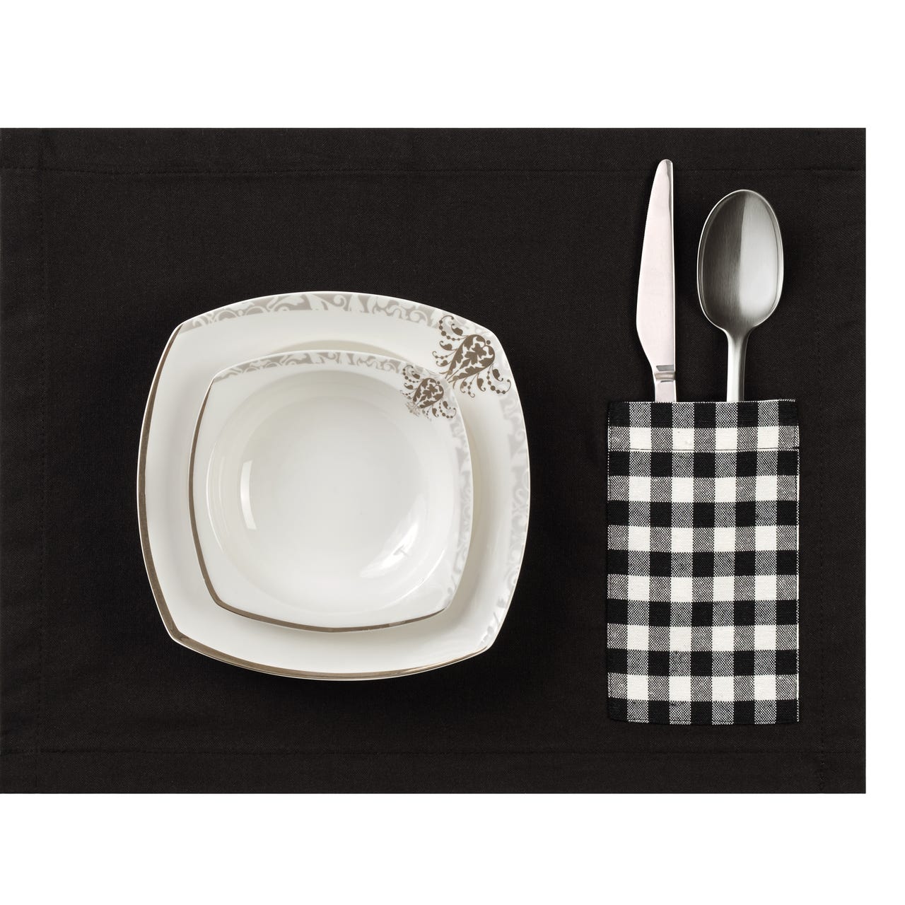 Miss Savon Platzset und Tischläufer 6er Tischset und Tischläufer Set,Elegante Pflegeleichte Schwarz