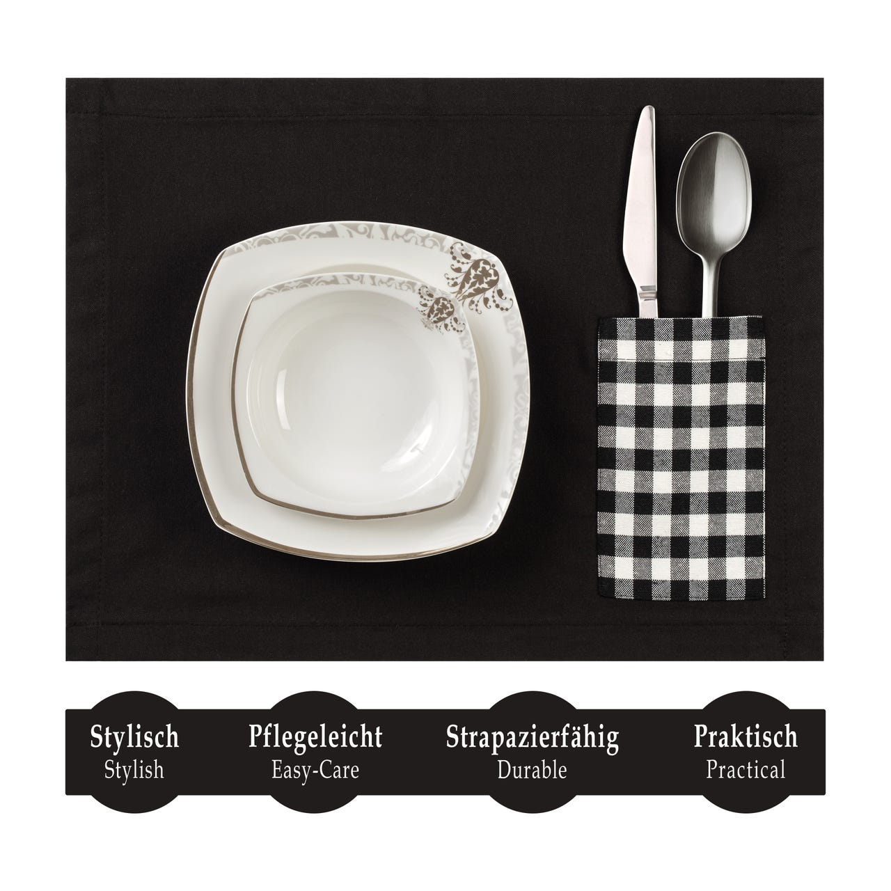 Miss Savon Platzset und Tischläufer 6er Tischset und Tischläufer Set,Elegante Pflegeleichte Schwarz