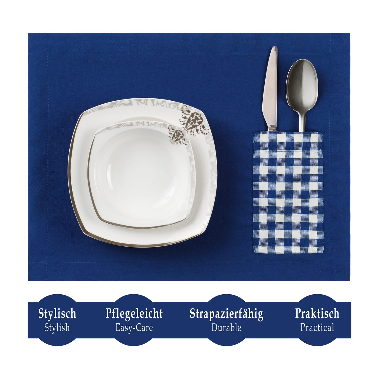 Miss Savon Platzset und Tischläufer - 6er Tischset und Tischläufer Set, Elegante Pflegeleichte-Blau